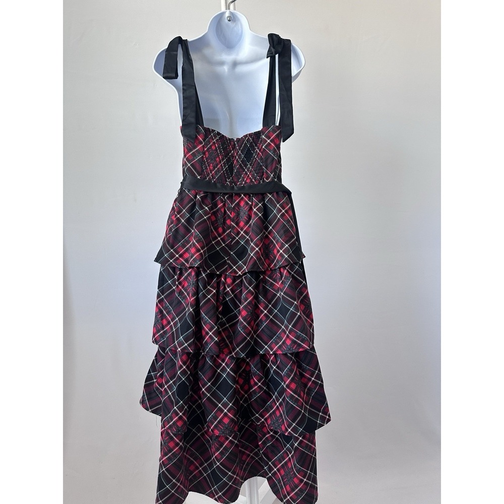 NWT Francesca's Women's Sz: S Charlotte Red Green Plaid Tiered Midi Dress - Picture 3 of 7